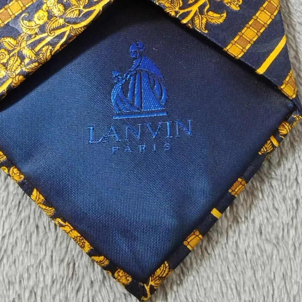 Lanvin Paris 100% Silk Tie Blue and Gold